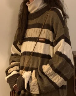 Striped Sweaters|Sweaters*Boogzel Clothing Coffee Cream Striped Oversize Sweater Brown
