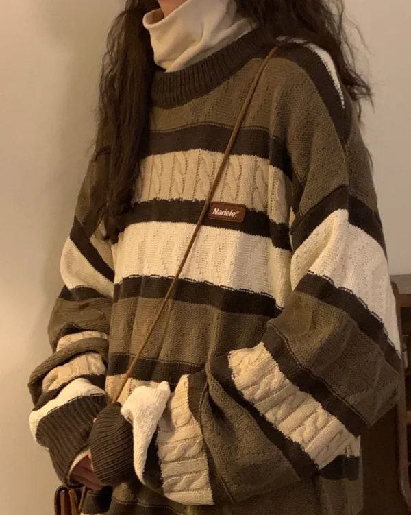 Striped Sweaters|Sweaters*Boogzel Clothing Coffee Cream Striped Oversize Sweater Brown