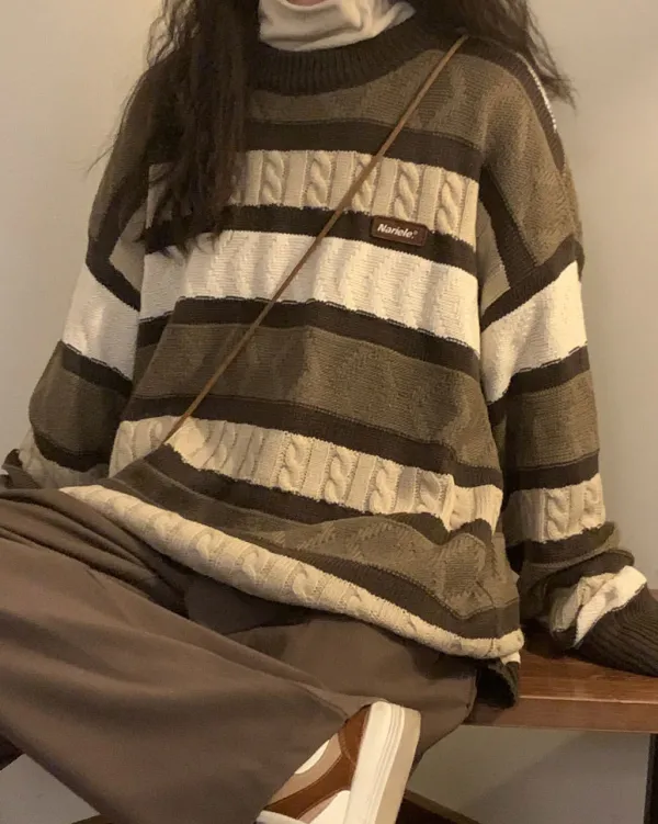 Striped Sweaters|Sweaters*Boogzel Clothing Coffee Cream Striped Oversize Sweater Brown