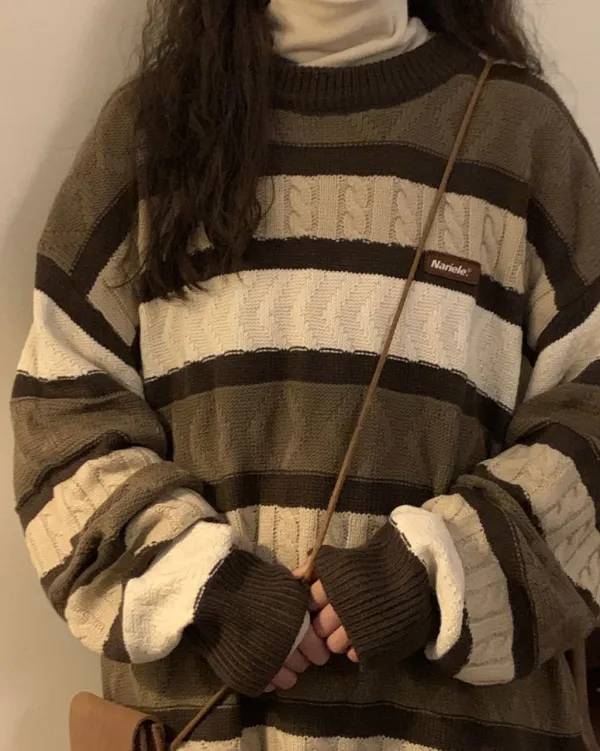 Striped Sweaters|Sweaters*Boogzel Clothing Coffee Cream Striped Oversize Sweater Brown