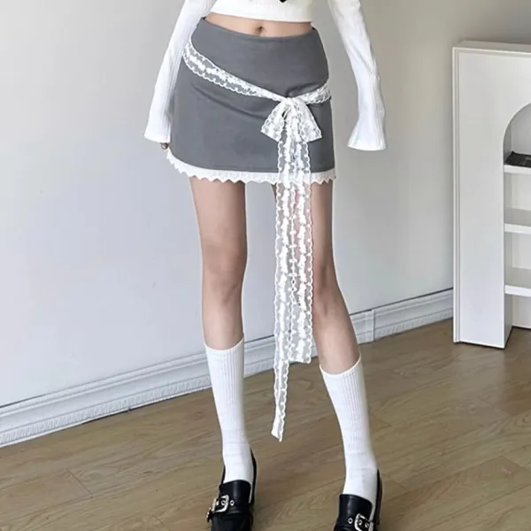 Skirts*Boogzel Clothing Coquette Aesthetic Lace Bow Skirt Grey
