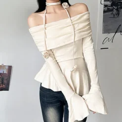Necklaces & Chokers|Long Sleeve Tops*Boogzel Clothing Coquette Bardot Top with Rose Choker