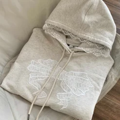 Hoodies*Boogzel Clothing Coquette Bow Lace Hoodie Grey