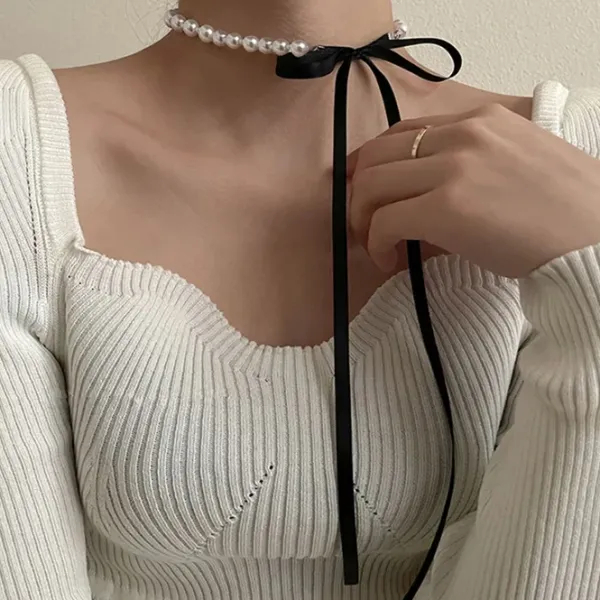 Necklaces & Chokers*Boogzel Clothing Coquette Bow Pearl Necklace White/black