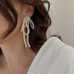 Earrings*Boogzel Clothing Coquette Bow Pearl Tassel Earrings White