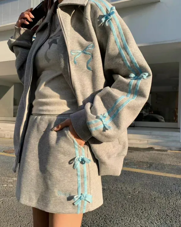 Coats & Jackets*Boogzel Clothing Coquette Bows Side-Stripe Track Jacket Grey