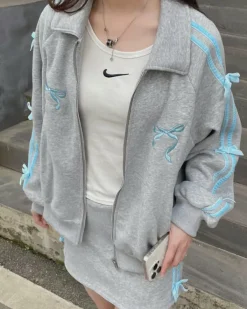 Coats & Jackets*Boogzel Clothing Coquette Bows Side-Stripe Track Jacket Grey