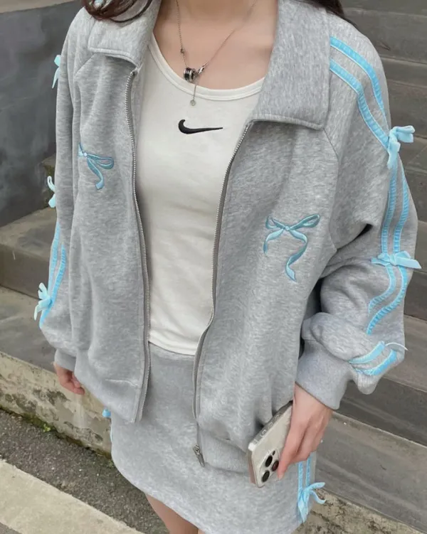 Coats & Jackets*Boogzel Clothing Coquette Bows Side-Stripe Track Jacket Grey