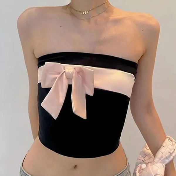 Crop Tops*Boogzel Clothing Coquette Girl Bow Tube Top Black/pink