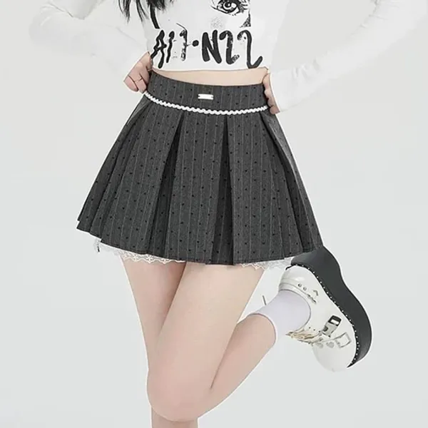 Skirts*Boogzel Clothing Coquette Lace Bow Pleated Skirt Grey