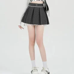 Skirts*Boogzel Clothing Coquette Lace Bow Pleated Skirt Grey