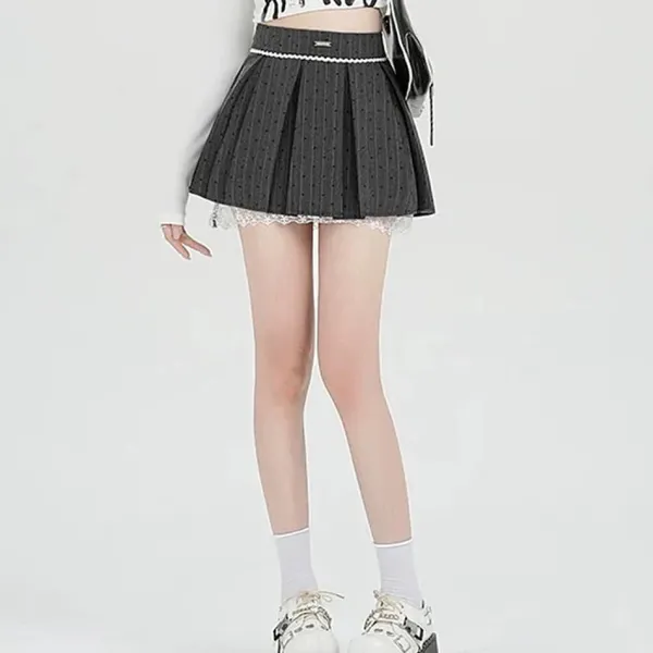 Skirts*Boogzel Clothing Coquette Lace Bow Pleated Skirt Grey