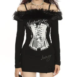 Y2K Tops|Long Sleeve Tops*Boogzel Clothing Corset Print Fur Off-Shoulder Top