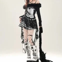 Y2K Tops|Long Sleeve Tops*Boogzel Clothing Corset Print Fur Off-Shoulder Top