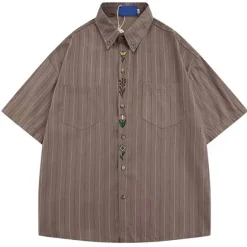 Mens*Boogzel Clothing Cottage Floral Embroidery Striped Shirt
