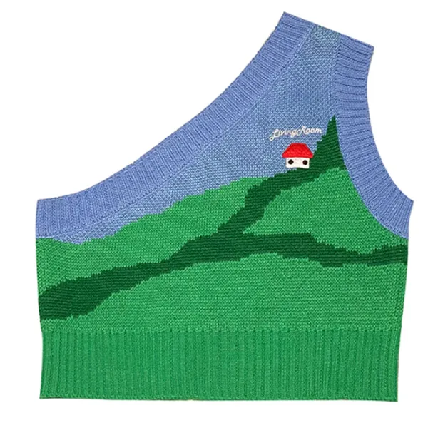 Knit Vests|Crop Tops*Boogzel Clothing Cottagecore Aesthetic One-Shoulder Knit Vest Green/blue