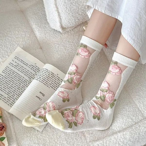Socks*Boogzel Clothing Cottagecore Aesthetic Rose Socks Pink/white