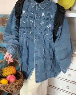 Mens|Coats & Jackets*Boogzel Clothing Cottagecore Floral Embroidery Denim Jacket Blue