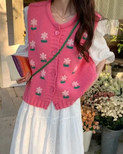 Knit Vests*Boogzel Clothing Cottagecore Floral Embroidered Knit Vest Pink