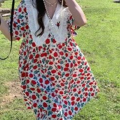 Dresses & Rompers*Boogzel Clothing Cottagecore Oversized Collar Dress Red/white