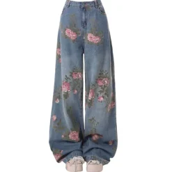 Jeans*Boogzel Clothing Cottagecore Rose Print Wide Jeans Blue