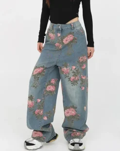 Jeans*Boogzel Clothing Cottagecore Rose Print Wide Jeans Blue
