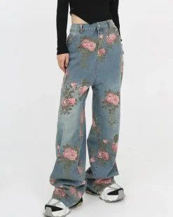 Jeans*Boogzel Clothing Cottagecore Rose Print Wide Jeans Blue
