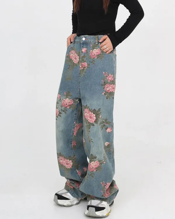 Jeans*Boogzel Clothing Cottagecore Rose Print Wide Jeans Blue