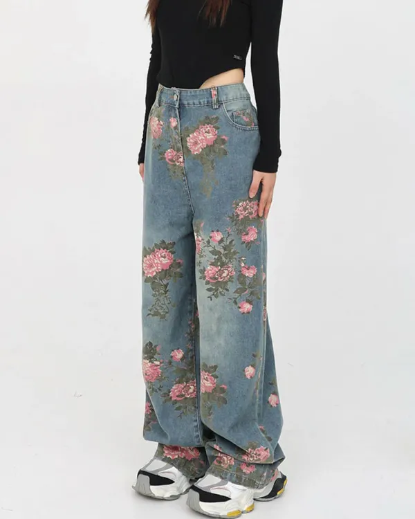 Jeans*Boogzel Clothing Cottagecore Rose Print Wide Jeans Blue