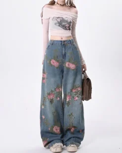 Jeans*Boogzel Clothing Cottagecore Rose Print Wide Jeans Blue