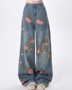 Jeans*Boogzel Clothing Cottagecore Rose Print Wide Jeans Blue