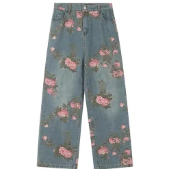 Jeans*Boogzel Clothing Cottagecore Rose Print Wide Jeans Blue
