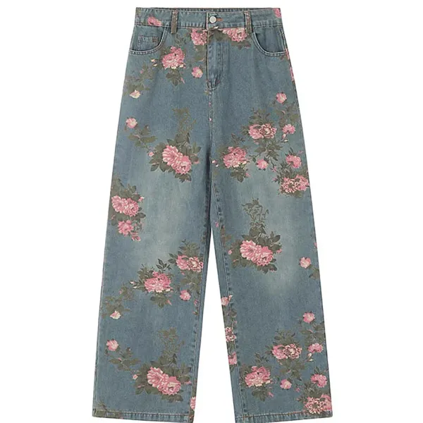 Jeans*Boogzel Clothing Cottagecore Rose Print Wide Jeans Blue