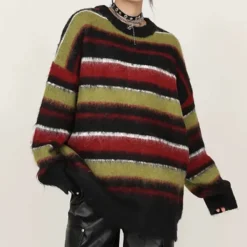 Striped Sweaters|Sweaters*Boogzel Clothing Cozy Reading Striped Oversized Sweater Green/brown