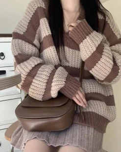 Striped Sweaters|Sweaters*Boogzel Clothing Cozy Reading Striped Sweater Brown