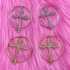 Earrings*Boogzel Clothing Crystal Cross Hoop Earrings
