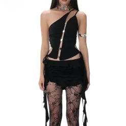Y2K Tops*Boogzel Clothing Dark Enigma Asymmetrical Split Top Black