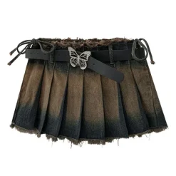 Skirts*Boogzel Clothing Denim Distressed Pleated Mini Skirt DarkGrey