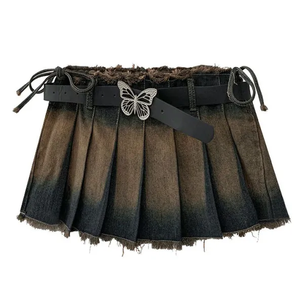 Skirts*Boogzel Clothing Denim Distressed Pleated Mini Skirt DarkGrey