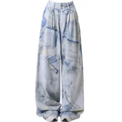 Pants & Trousers*Boogzel Clothing Denim Effect Print Trousers Blue