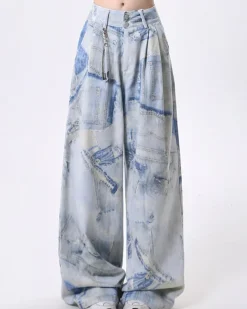 Pants & Trousers*Boogzel Clothing Denim Effect Print Trousers Blue