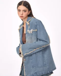 Coats & Jackets*Boogzel Clothing Distressed Denim Blazer in Blue