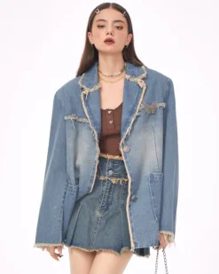 Coats & Jackets*Boogzel Clothing Distressed Denim Blazer in Blue
