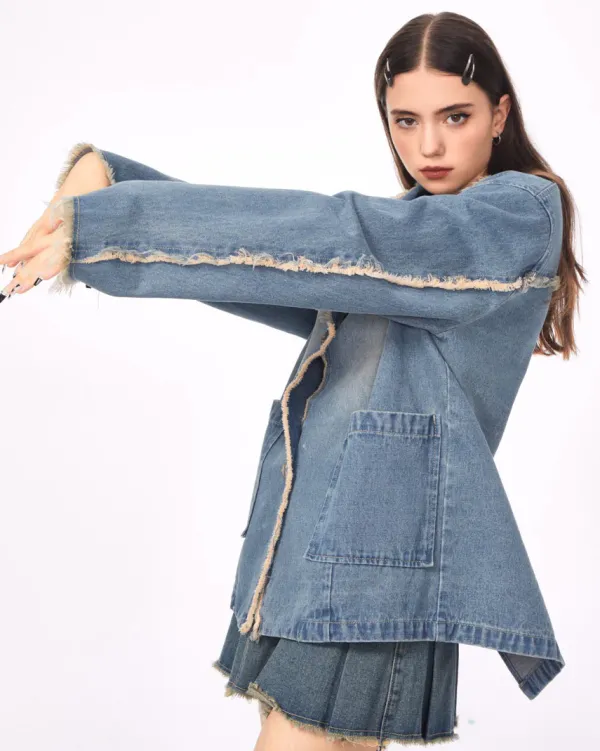 Coats & Jackets*Boogzel Clothing Distressed Denim Blazer in Blue