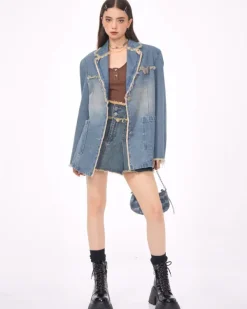 Coats & Jackets*Boogzel Clothing Distressed Denim Blazer in Blue