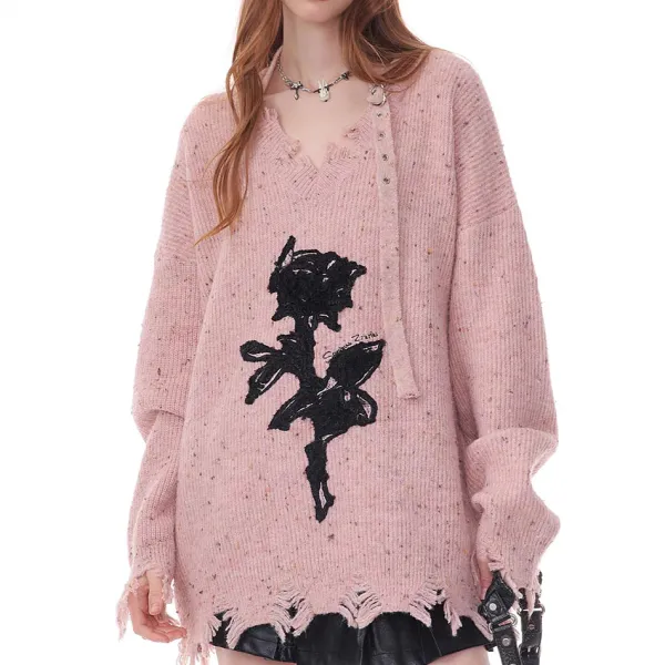 Sweaters*Boogzel Clothing Distressed Rose Print Sweater