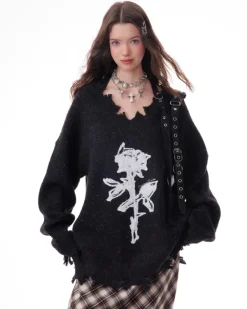 Sweaters*Boogzel Clothing Distressed Rose Print Sweater