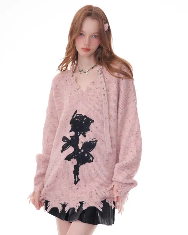 Sweaters*Boogzel Clothing Distressed Rose Print Sweater