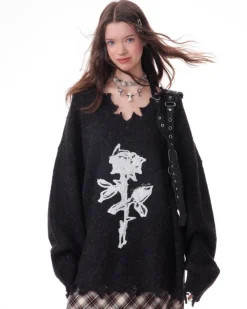 Sweaters*Boogzel Clothing Distressed Rose Print Sweater