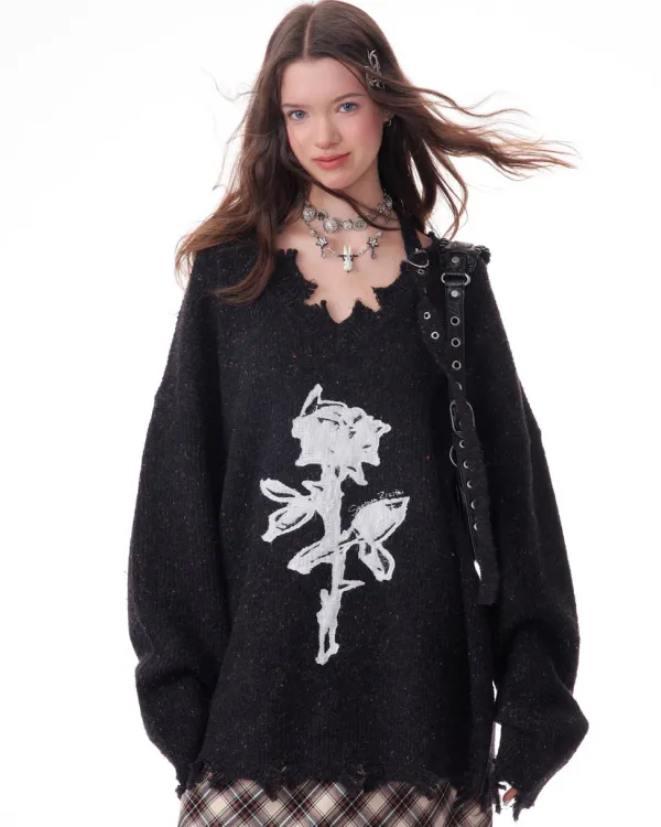 Sweaters*Boogzel Clothing Distressed Rose Print Sweater